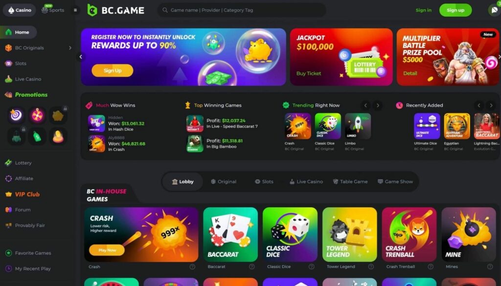 BC game gambling website interface overview